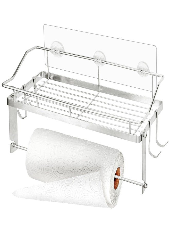 Socpuro Paper Towel Holder with Shelf, 2-in-1 Paper Towel Roll Rack with 4 Hooks, Adhesive Wall Mount Basket Organizer for Bathroom Kitchen - Image 1
